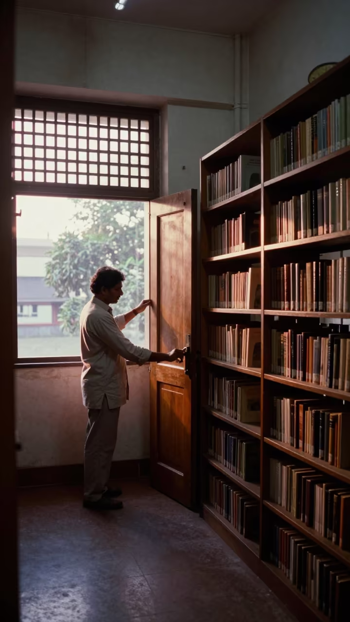 Teacher Unlocking Lucknow Library Before Dawn in inside a campus library reading room in Lucknow