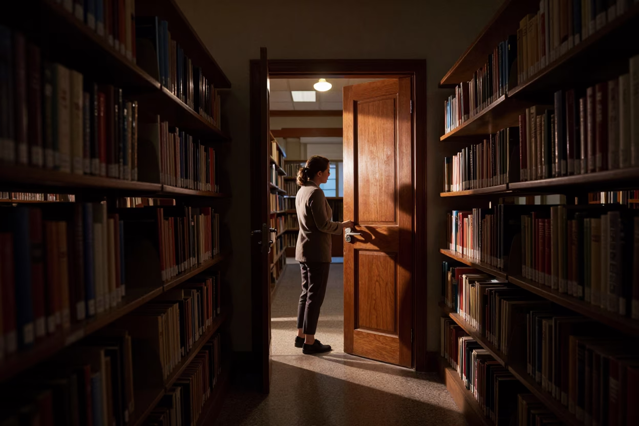 Teacher Unlocking Miami School Library Before Sunrise in 1950s Florida in in Miami, Florida, United States