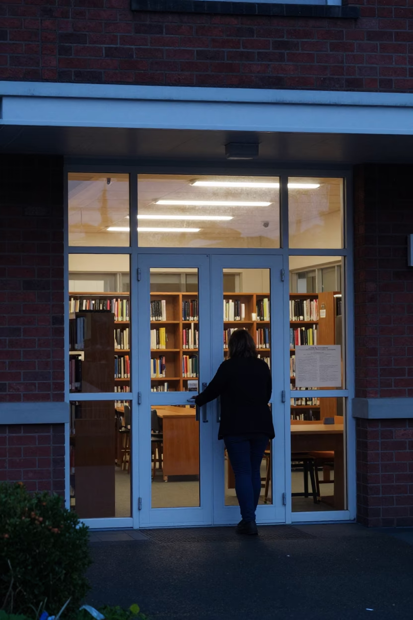 Teacher unlocking school library before sunrise in Christchurch New Zealand in in Christchurch, New Zealand