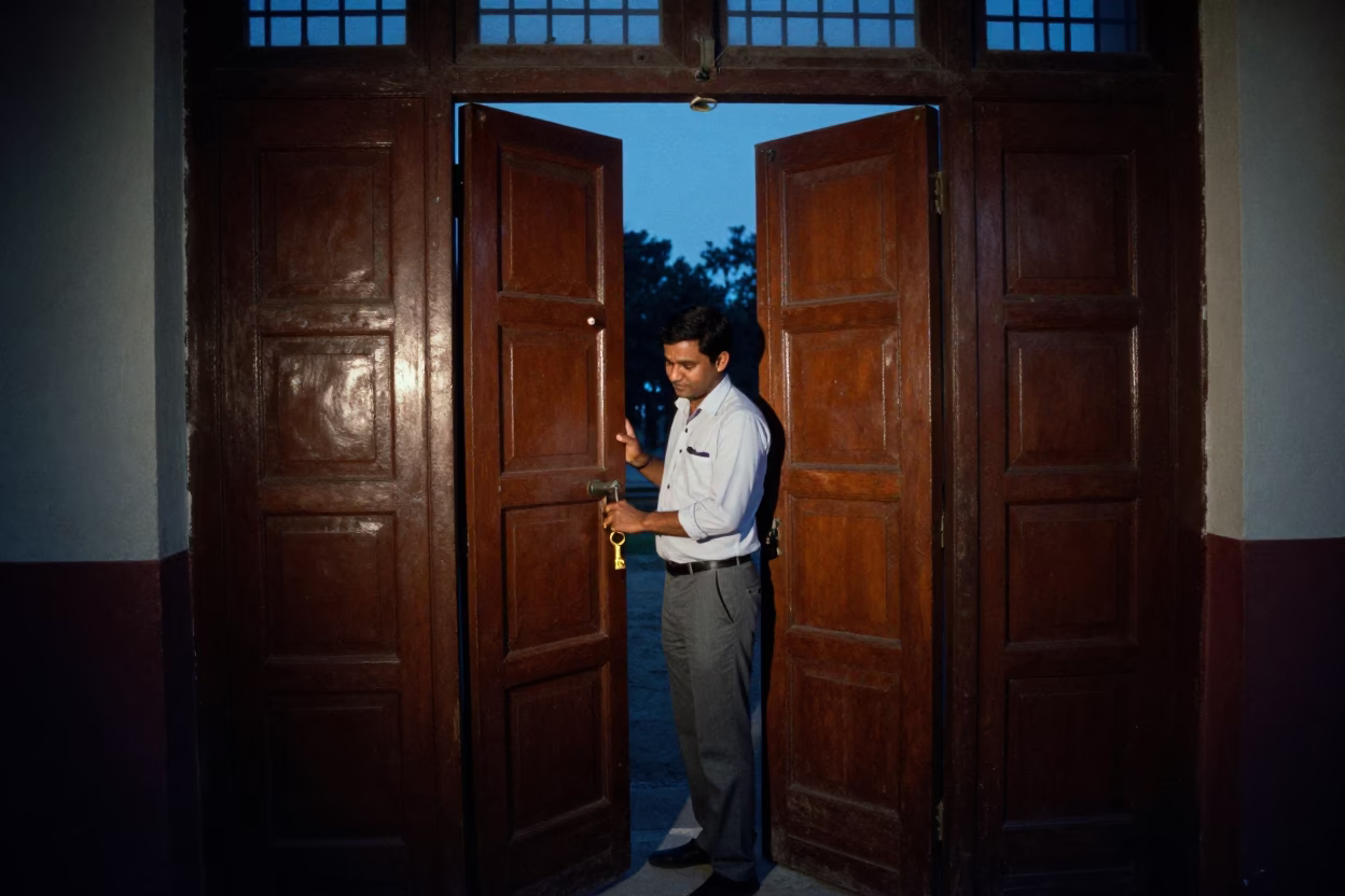 Teacher unlocking school library doors in predawn darkness Jaipur India in in Jaipur, India