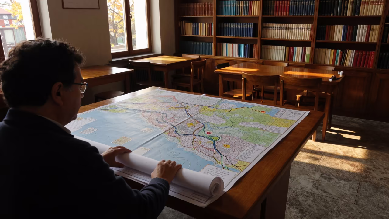 Teacher Unrolling Maps in Istanbul Library in inside a campus library reading room in Istanbul