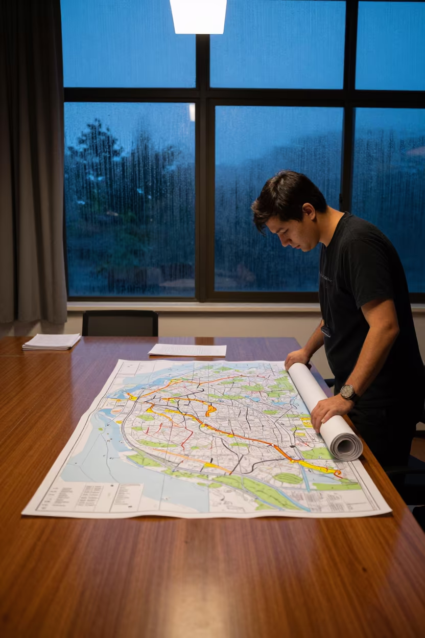 Teacher Unrolling Maps During Monsoon Blue Hour in at a seminar table covered in notes near Nanning
