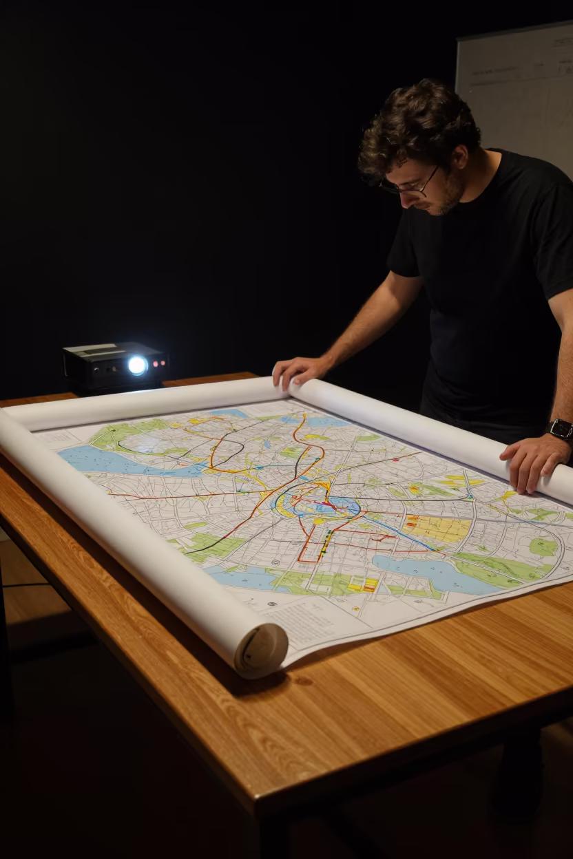 Teacher Unrolling Maps Under Projector Light in inside a quiet classroom in Kosti