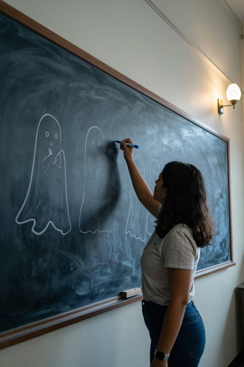 Teacher Writes Blue Line on Ghosted Chalkboard in inside a quiet classroom near Manzini