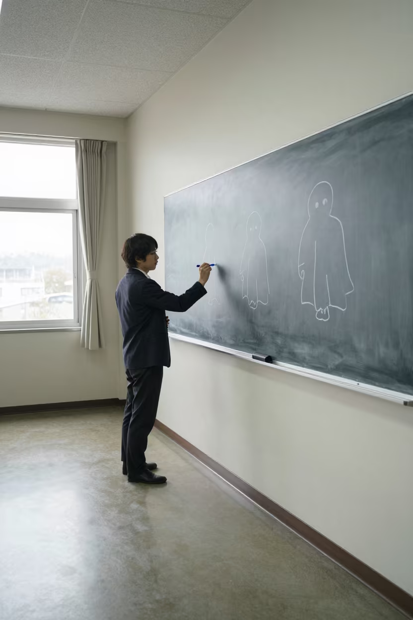 Teacher Writing Blue Marker Chalkboard Okayama in inside an art classroom in Okayama