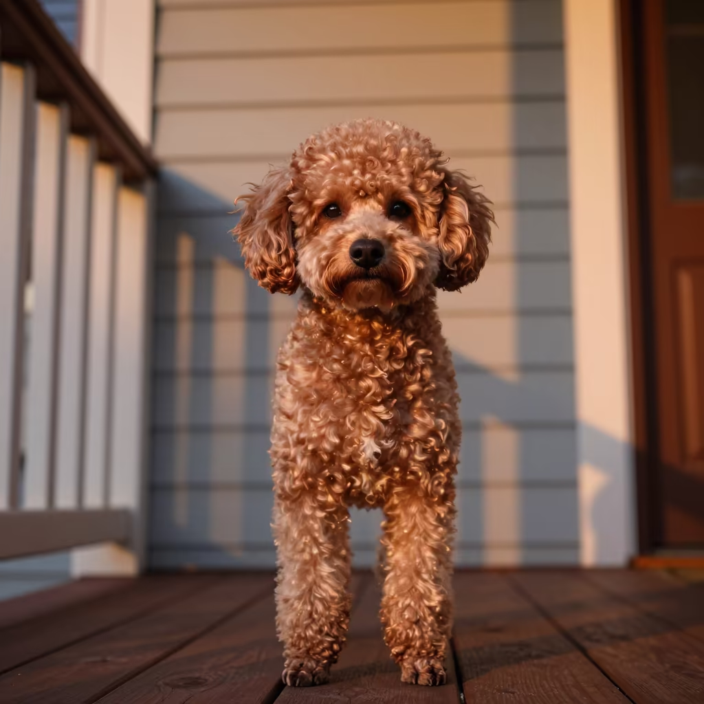 Teacup Poodle on Maun Porch in Copper Light in on a shaded front porch with boards, railings, and eye-level framing in Maun