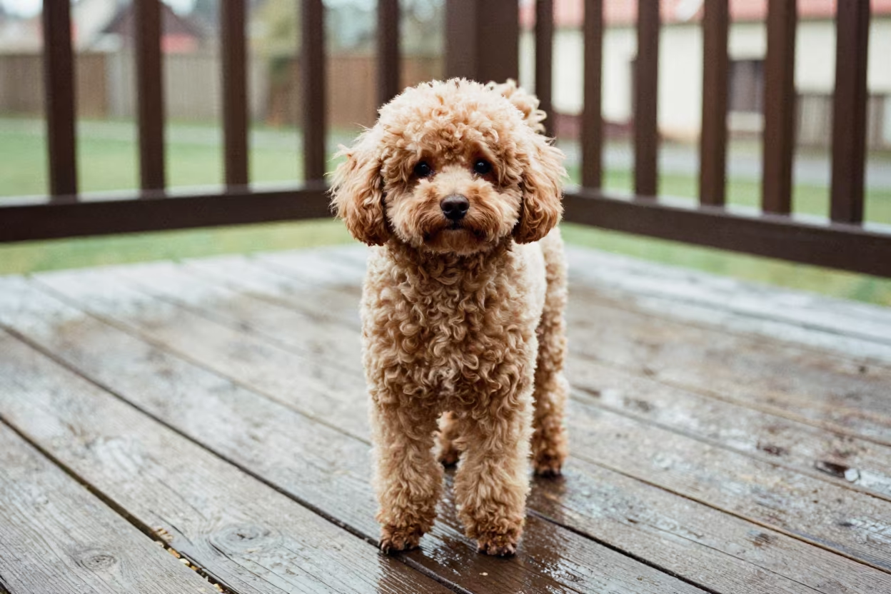 Teacup Poodle on Shaded Prague Porch in on a shaded front porch with boards, railings, and eye-level framing near Karlin, Prague