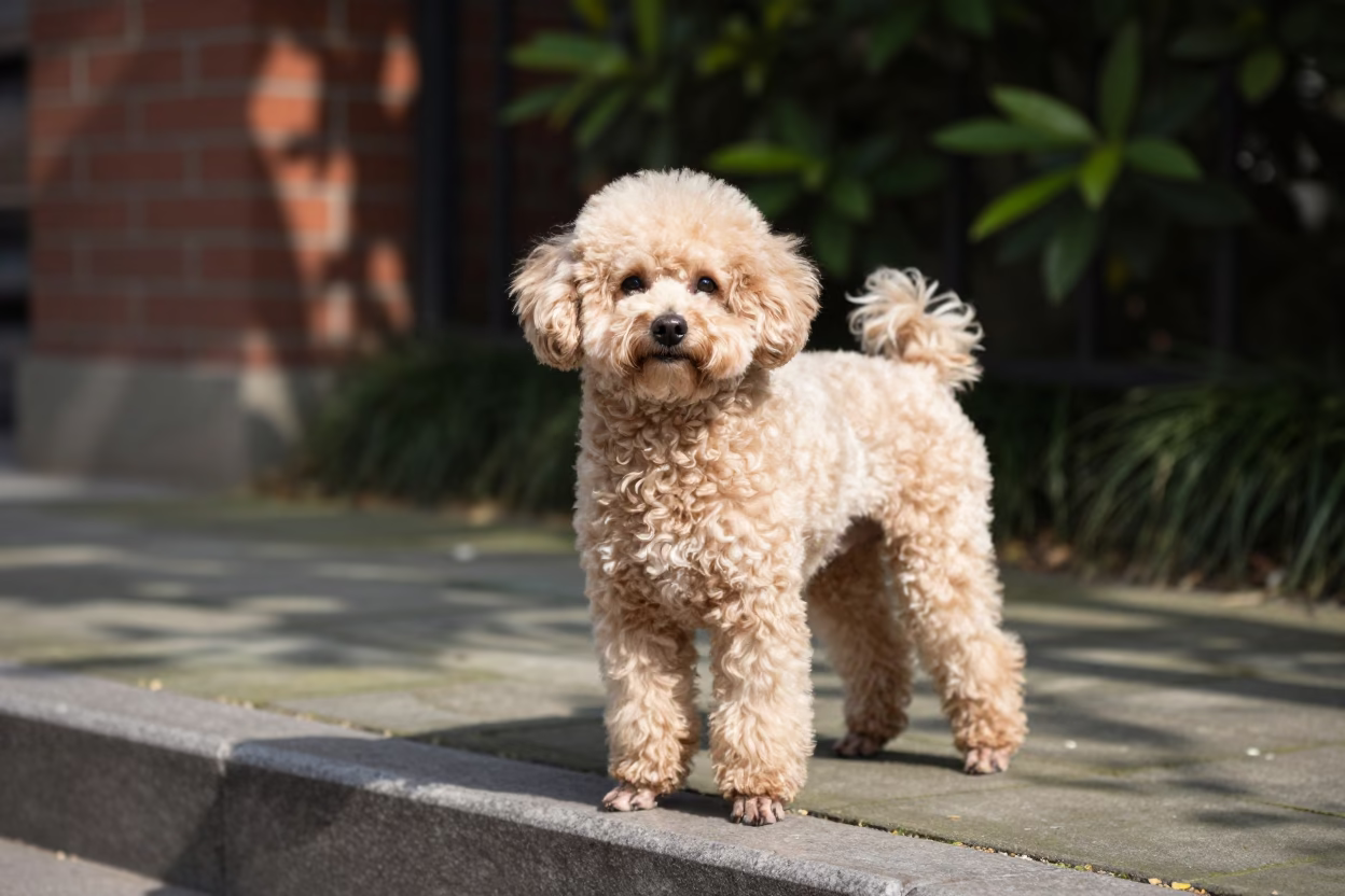 Teacup Poodle Portrait Along Quiet Park Path in Belgaum in along a quiet park path with soft open shade and a clean background in Belgaum