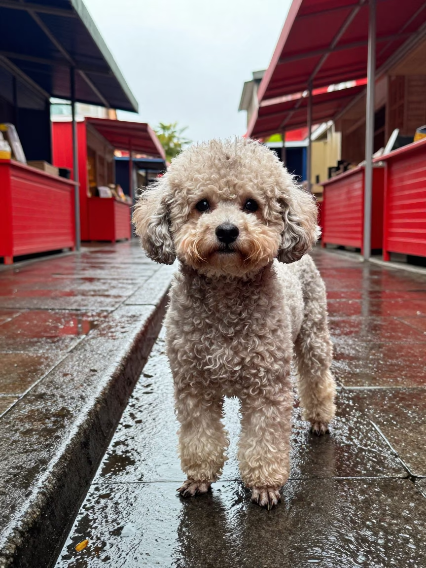 Teacup Poodle Portrait Along Rainy London Path in along a quiet park path with soft open shade and a clean background in Borough Market, London
