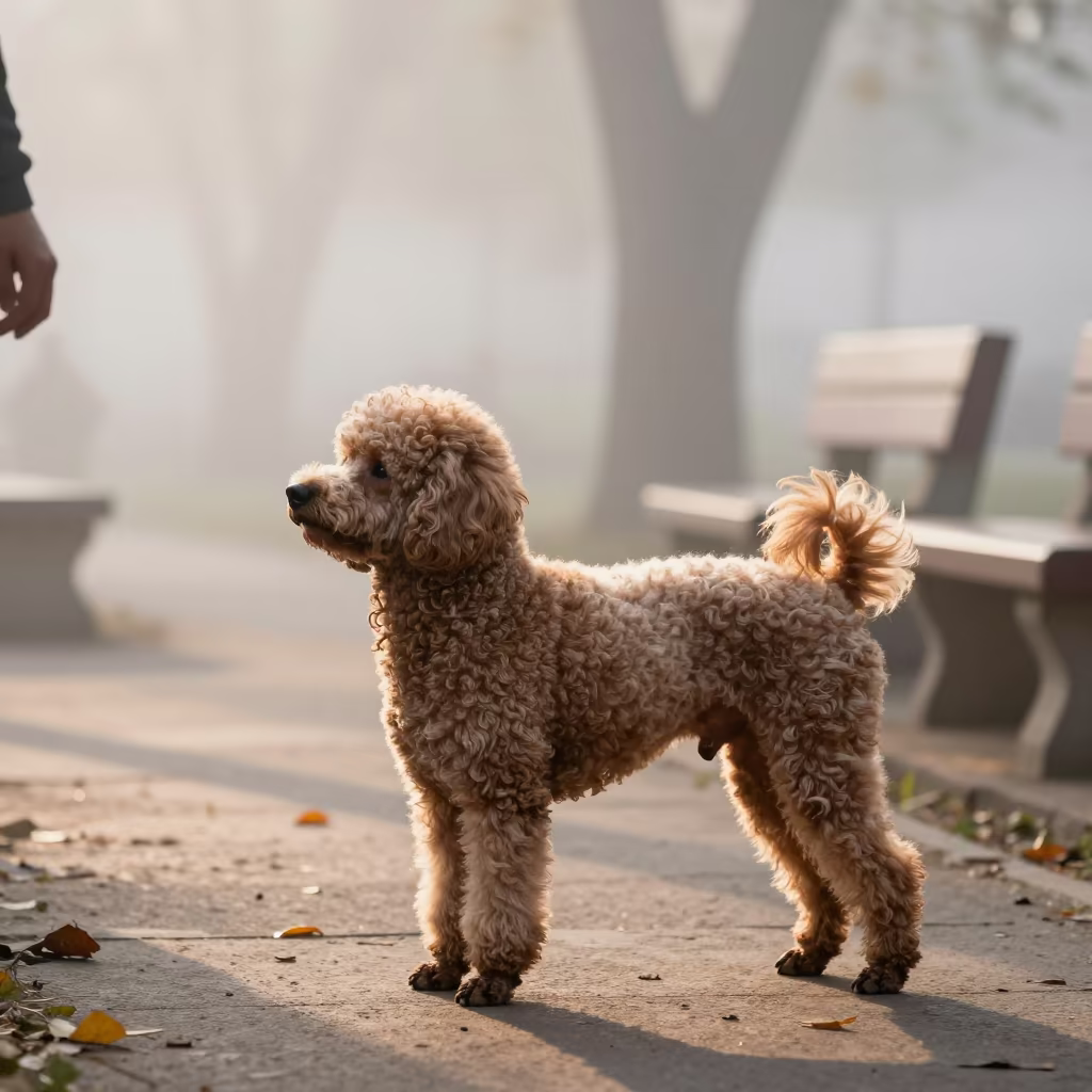 Teacup Poodle Portrait at Kathmandu Dawn in along a quiet park path with soft open shade and a clean background in Kathmandu