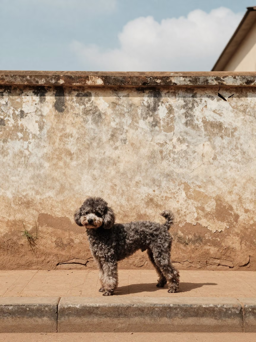 Teacup Poodle Portrait Beside Courtyard Wall in Kisangani in beside a plain courtyard wall in clear daylight with the animal at eye level in Kisangani