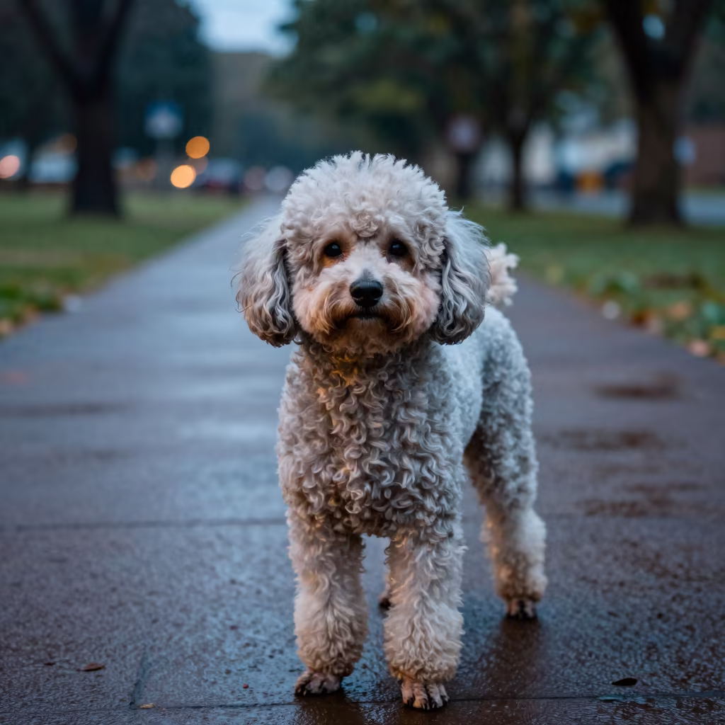 Teacup Poodle Portrait Bobo Dioulasso Blue Hour in along a quiet park path with soft open shade and a clean background in Bobo-Dioulasso