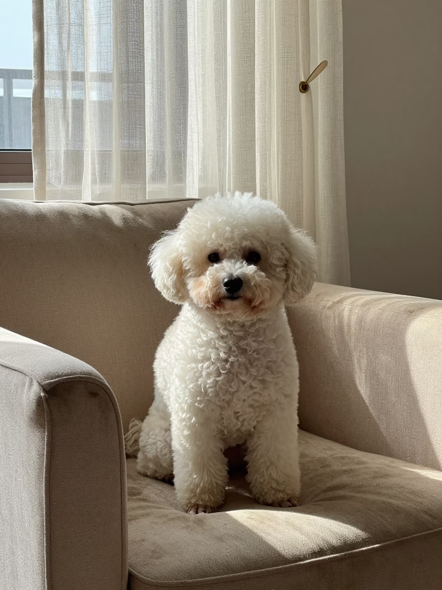 Teacup Poodle Portrait by Luxor Window Light in on a sofa near a curtained window with calm indoor light near East Bank, Luxor