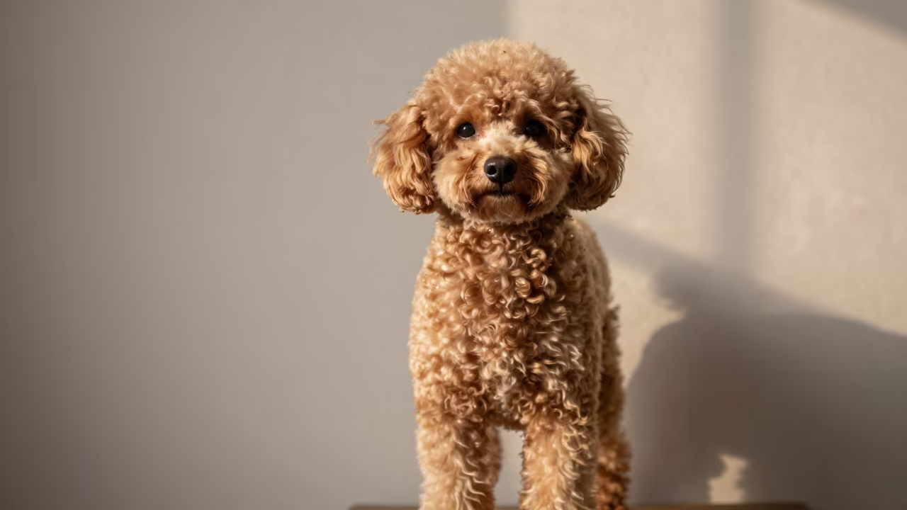 Teacup Poodle Portrait by Quebec Wall in beside a plain plaster wall in soft indoor light with the animal centered in frame near Quebec City