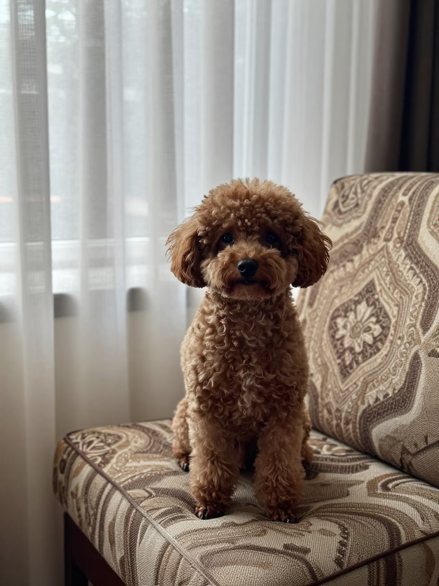 Teacup Poodle Portrait by Window in Owerri in on a sofa near a curtained window with calm indoor light near Owerri