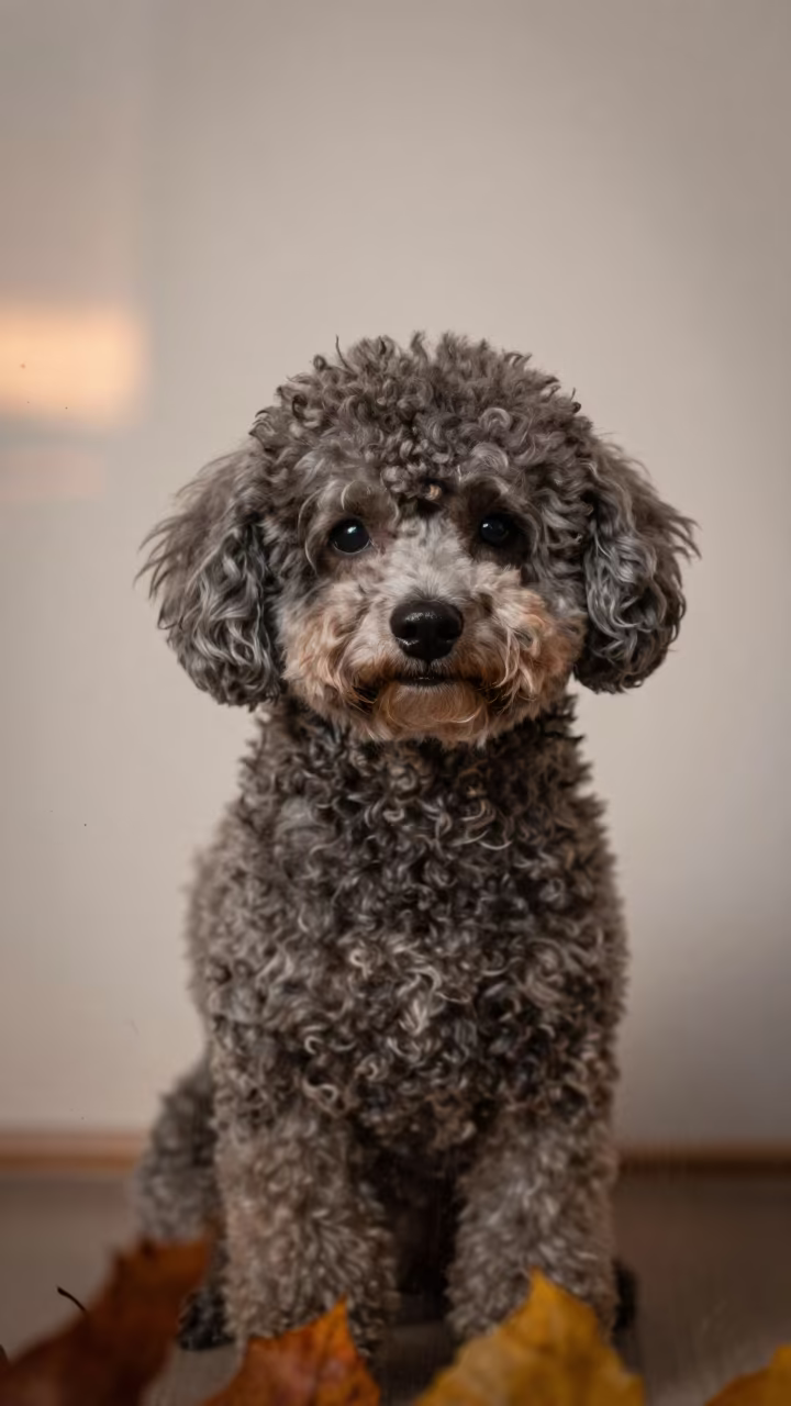 Teacup Poodle Portrait Golden Hour Kuwait in beside a plain plaster wall in soft indoor light with the animal centered in frame in Kuwait City