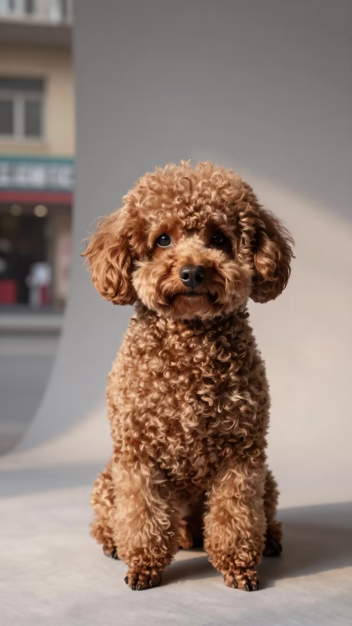 Teacup Poodle Portrait in Agra Studio Light in in a quiet portrait studio with a plain backdrop and eye-level framing in Agra