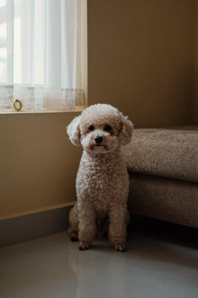 Teacup Poodle Portrait in Ahmedabad Window Light in on a sofa near a curtained window with calm indoor light near Ahmedabad