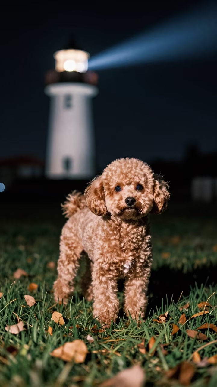 Teacup Poodle Portrait in Aleppo Yard Night in in a small yard with clipped grass, calm light, and the animal centered in frame in Aleppo