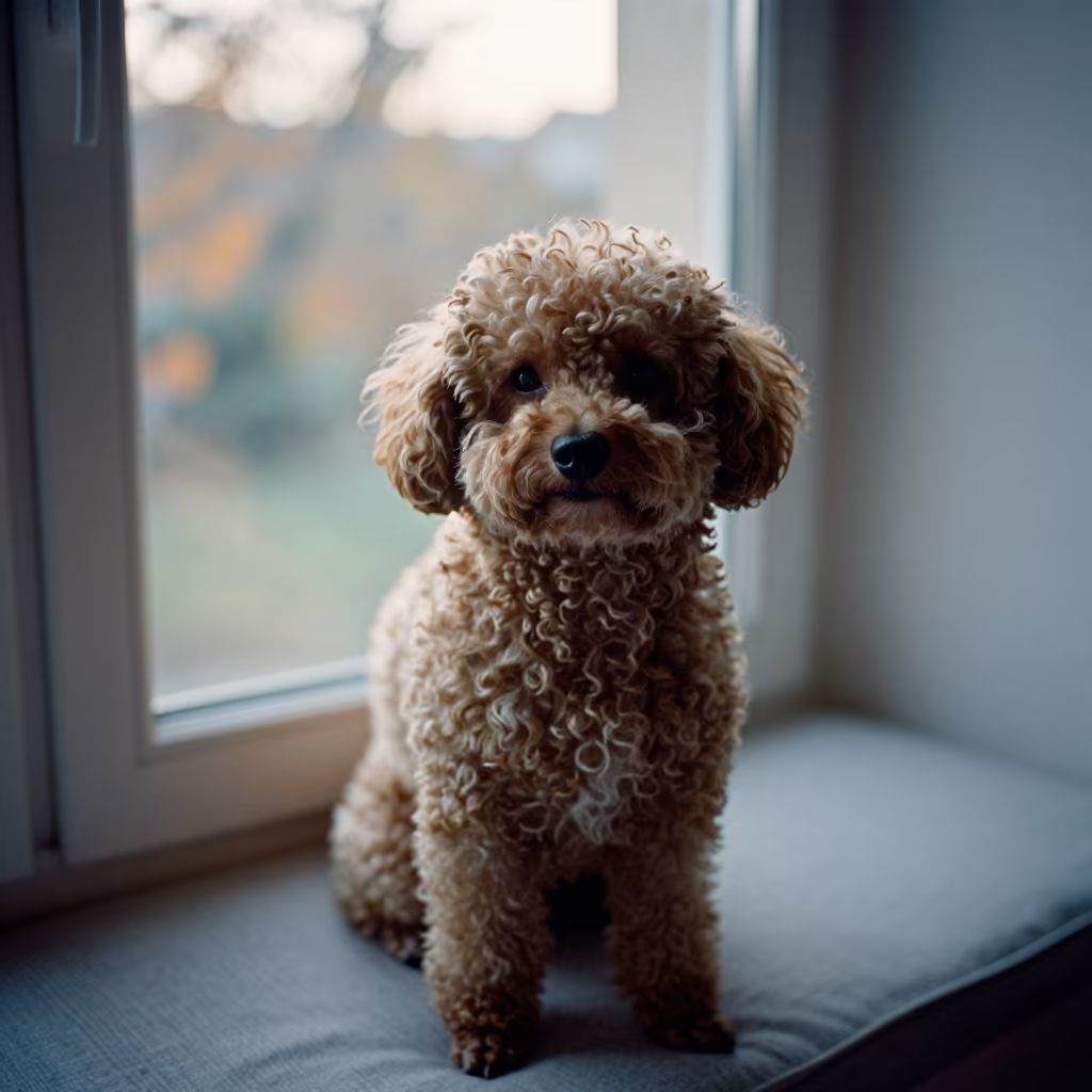 Teacup Poodle Portrait in Algiers Window Light in on a cushioned window seat with soft side light and an uncluttered background in Algiers