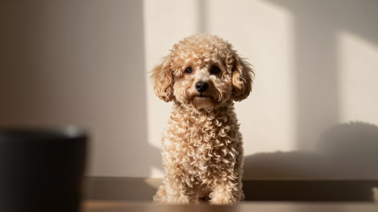 Teacup Poodle Portrait in Aligarh Home Light in beside a plain plaster wall in soft indoor light with the animal centered in frame in Aligarh