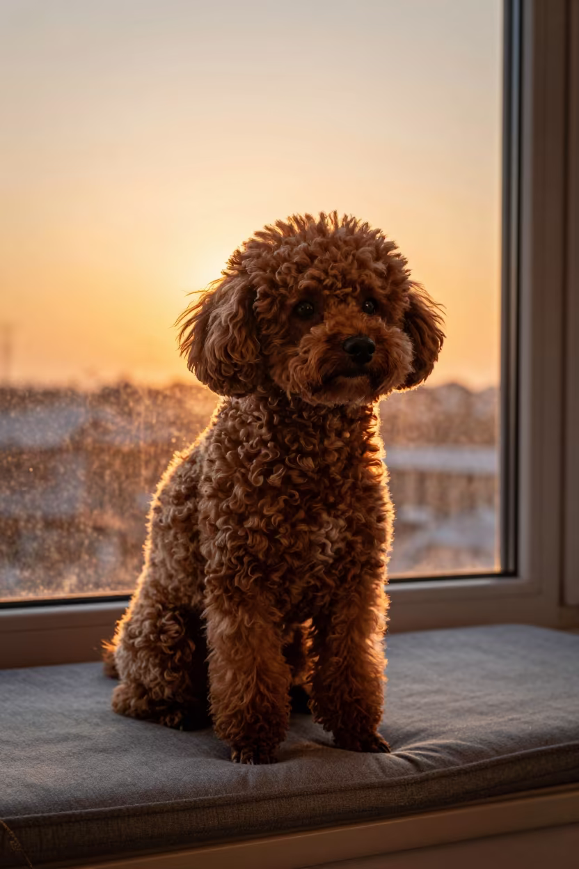 Teacup Poodle Portrait in Amber Evening Light in on a cushioned window seat with soft side light and an uncluttered background near Maiduguri