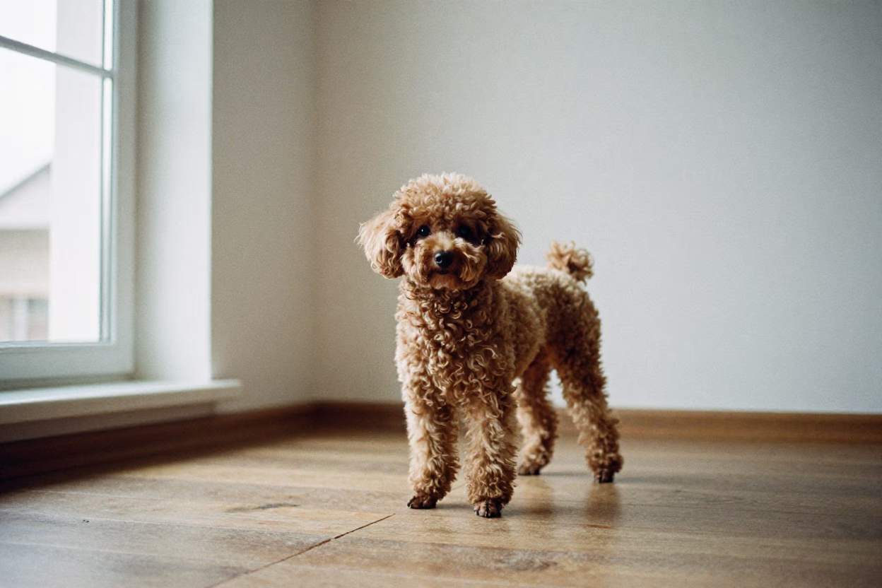 Teacup Poodle Portrait in Atyrau Indoor Light in beside a plain plaster wall in soft indoor light with the animal centered in frame in Atyrau