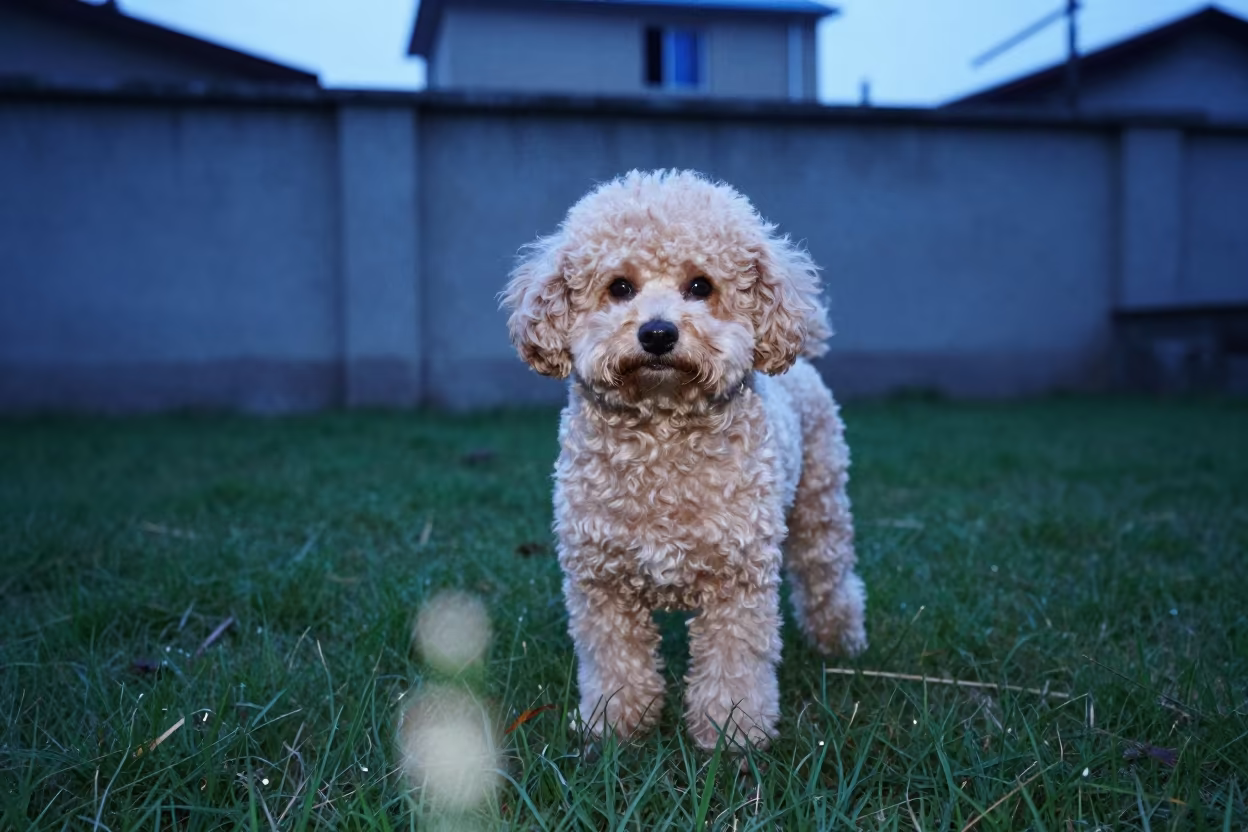 Teacup Poodle Portrait in Autumn Fuzhou Yard in in a small yard with clipped grass, calm light, and the animal centered in frame in Fuzhou