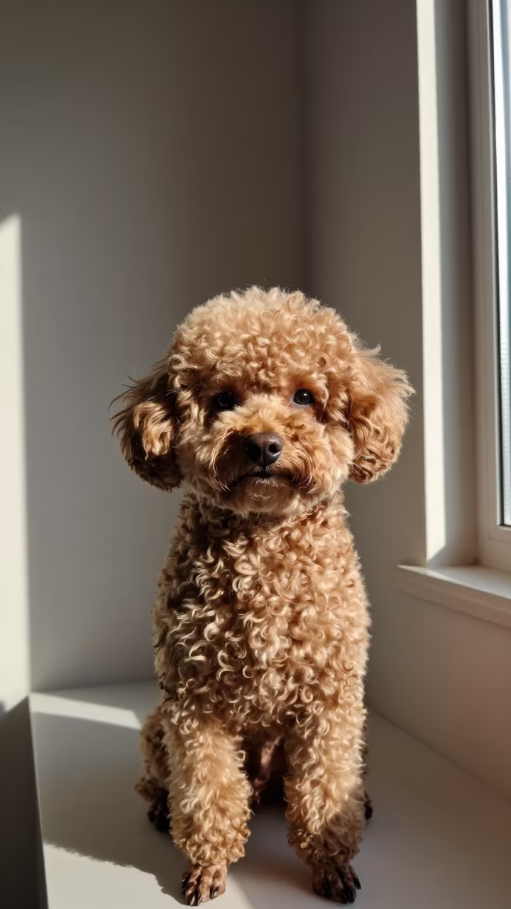 Teacup Poodle Portrait in Baghdad Studio Light in in a quiet portrait studio with a plain backdrop and eye-level framing in Baghdad