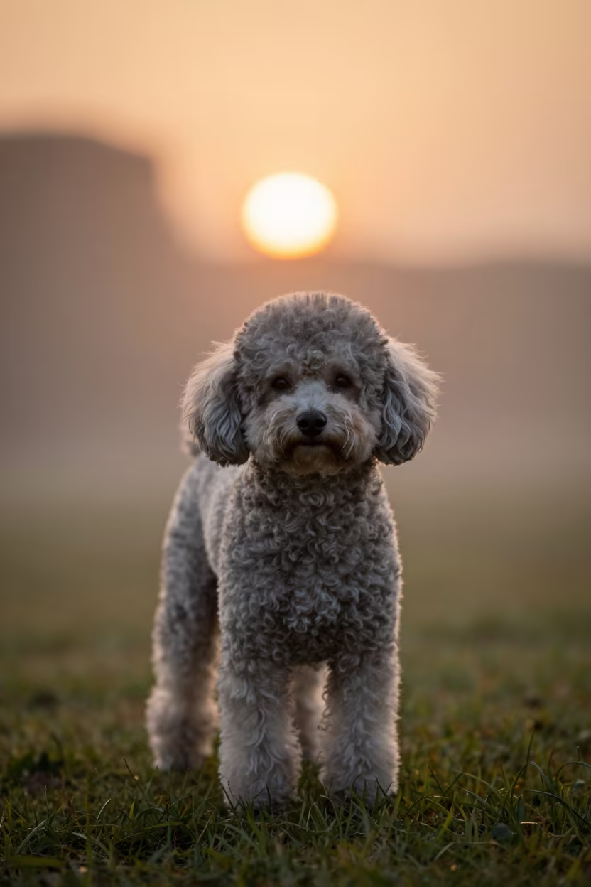Teacup Poodle Portrait in Bangalore Yard Mist in in a small yard with clipped grass, calm light, and the animal centered in frame in Bangalore