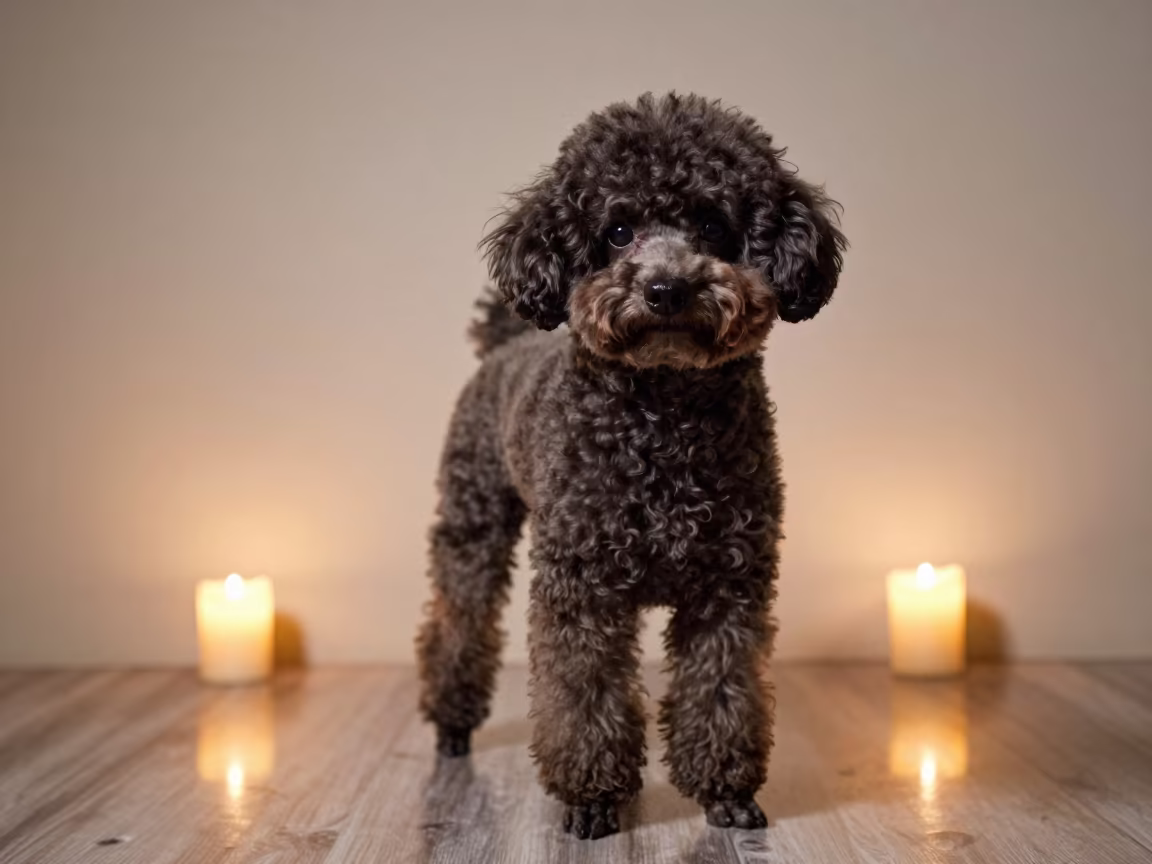 Teacup Poodle Portrait in Bata Studio in in a quiet portrait studio with a plain backdrop and eye-level framing in Bata