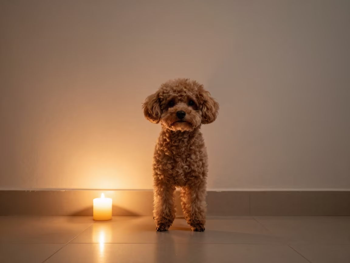 Teacup Poodle Portrait in Binondo Evening Glow in beside a plain plaster wall in soft indoor light with the animal centered in frame in Binondo, Manila