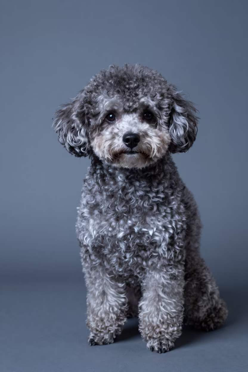 Teacup Poodle Portrait in Blue Hour Studio in in a quiet portrait studio with a plain backdrop and eye-level framing near Jinan