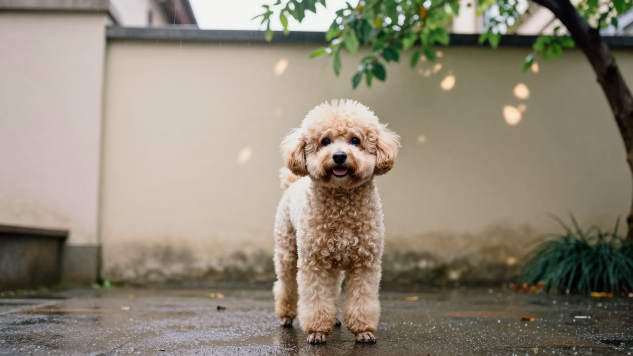 Teacup Poodle Portrait in Burlington Courtyard in beside a plain courtyard wall in clear daylight with the animal at eye level in Burlington