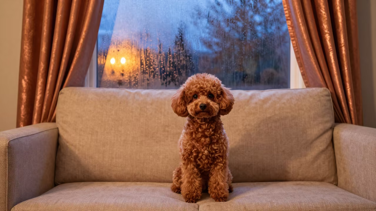 Teacup Poodle Portrait in Candlelight Near Window in on a sofa near a curtained window with calm indoor light in Milwaukee