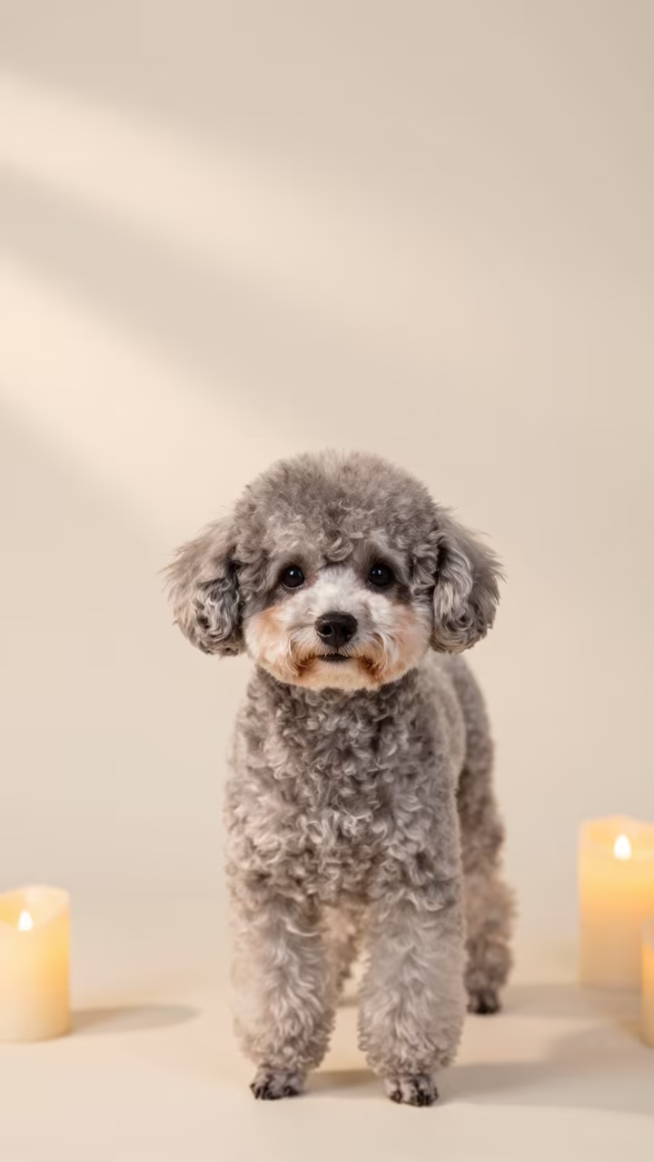 Teacup Poodle Portrait in Candlelit Studio in in a quiet portrait studio with a plain backdrop and eye-level framing in Okayama