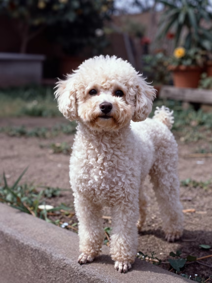 Teacup Poodle Portrait in Carora Garden Light in near a garden edge with soft morning light and an uncluttered background in Carora