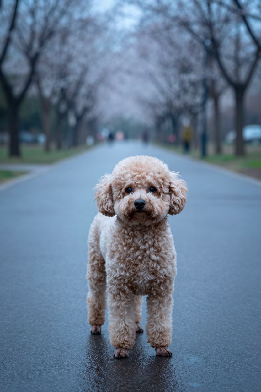 Teacup Poodle Portrait in Dadu Park Evening in along a quiet park path with soft open shade and a clean background in Dadu