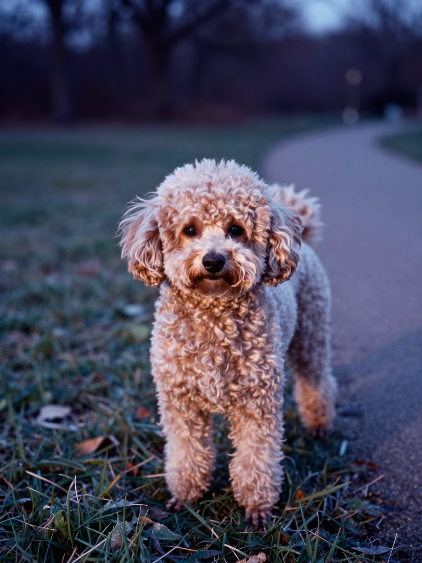 Teacup Poodle Portrait in Dallas Night Frost in along a quiet park path with soft open shade and a clean background in Dallas