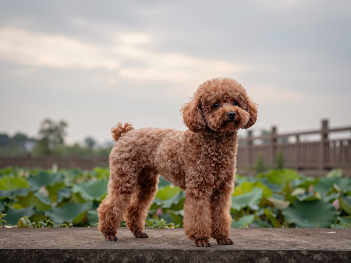 Teacup Poodle Portrait in Dawei Garden Morning in near a garden edge with soft morning light and an uncluttered background in Dawei