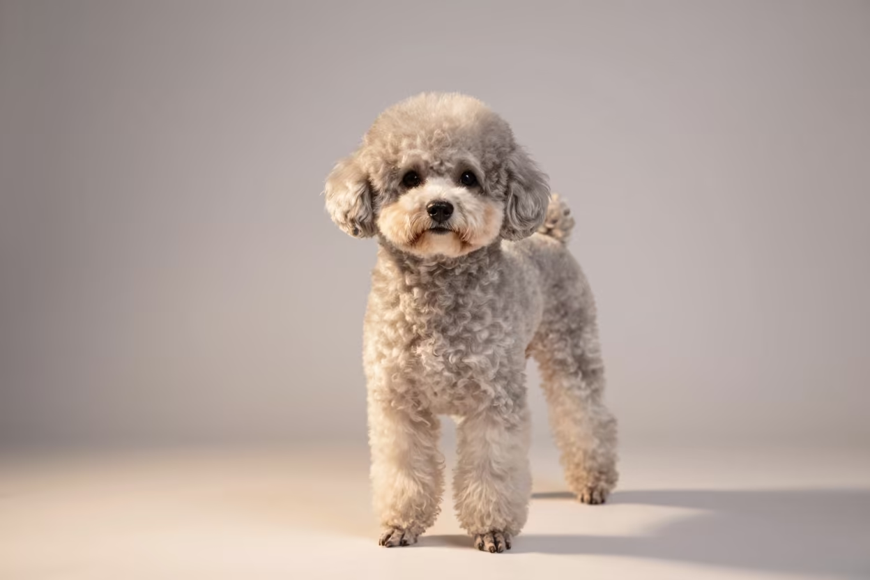 Teacup Poodle Portrait in Dawn Studio Light in in a quiet portrait studio with a plain backdrop and eye-level framing in Khyrdalan