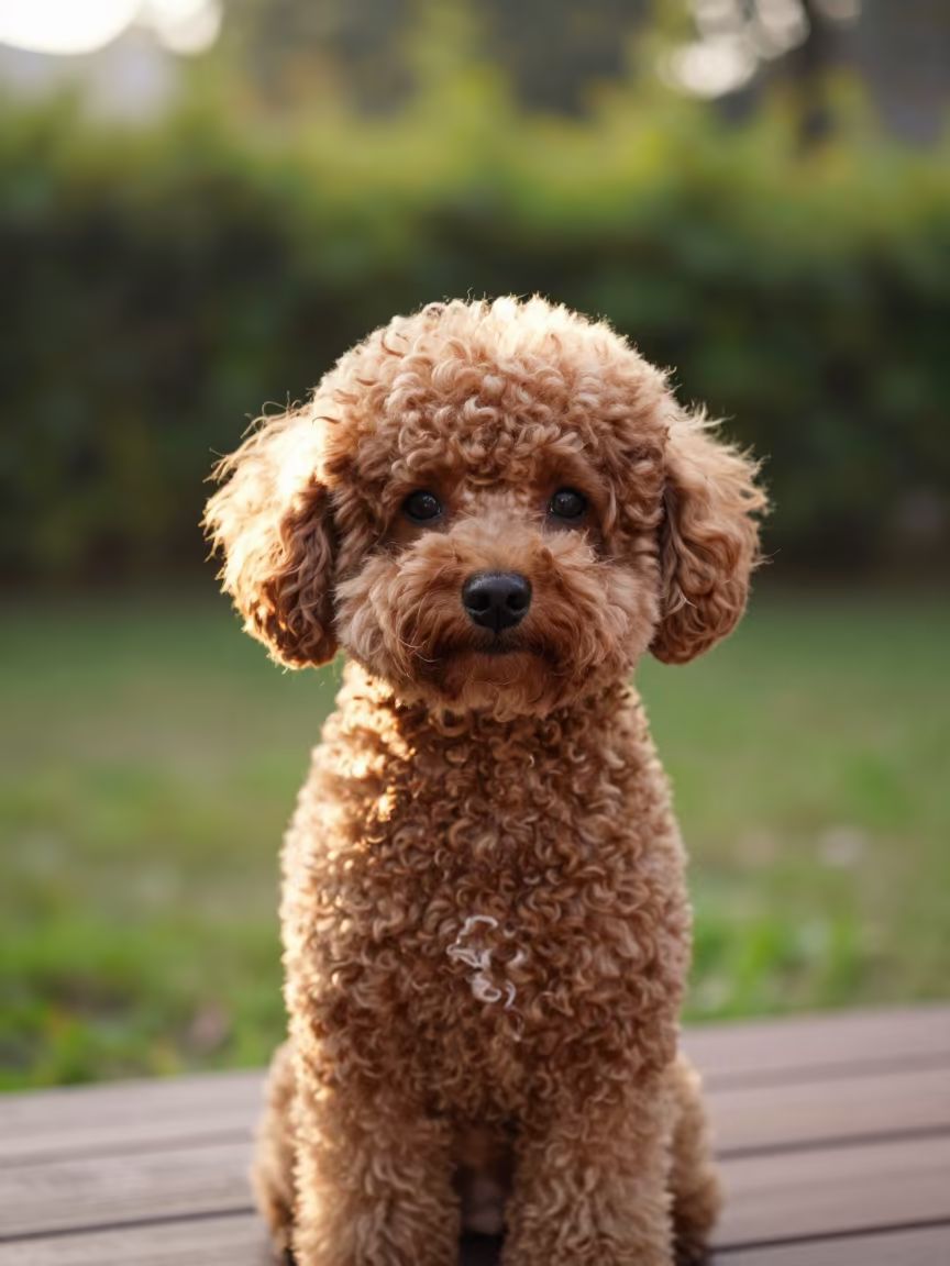 Teacup Poodle Portrait in Delhi Garden Light in near a garden edge with soft morning light and an uncluttered background in Delhi
