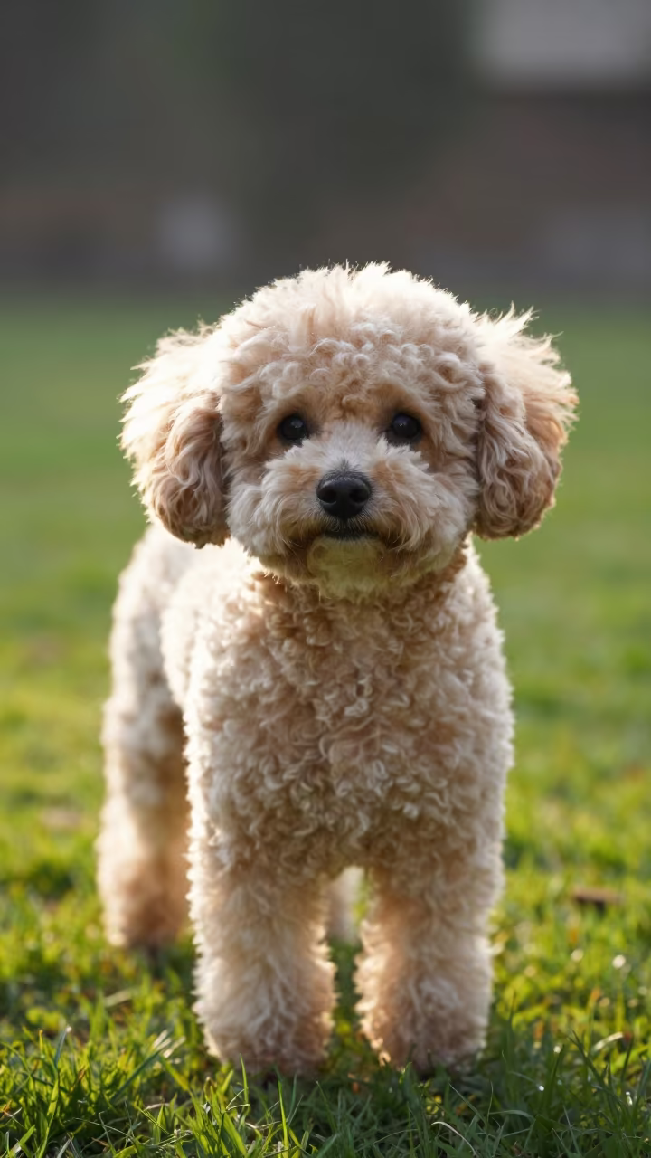 Teacup Poodle Portrait in Delhi Yard Shadow in in a small yard with clipped grass, calm light, and the animal centered in frame in Lajpat Nagar, Delhi