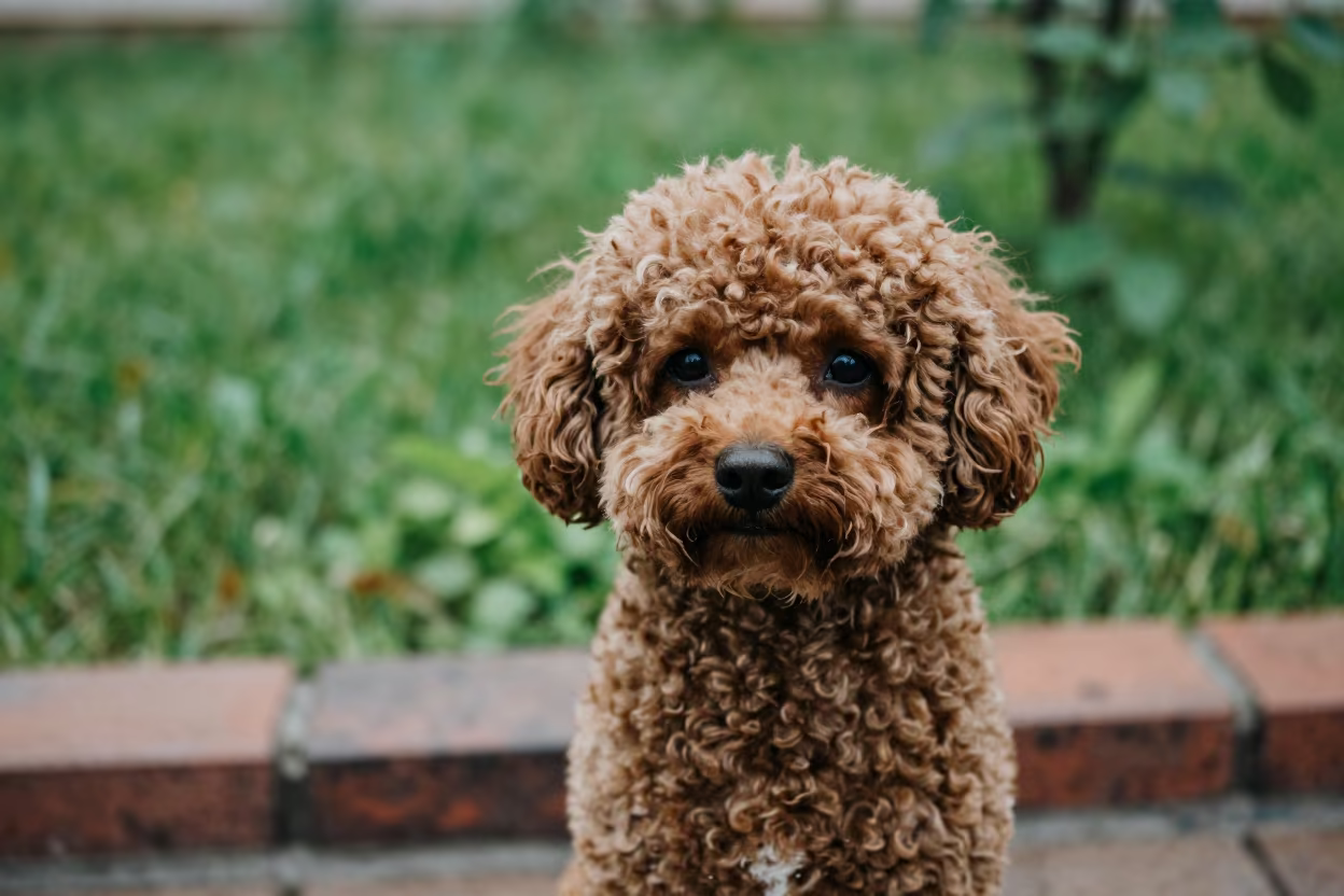 Teacup Poodle Portrait in Early Summer Garden Light in near a garden edge with soft morning light and an uncluttered background in Jizzakh