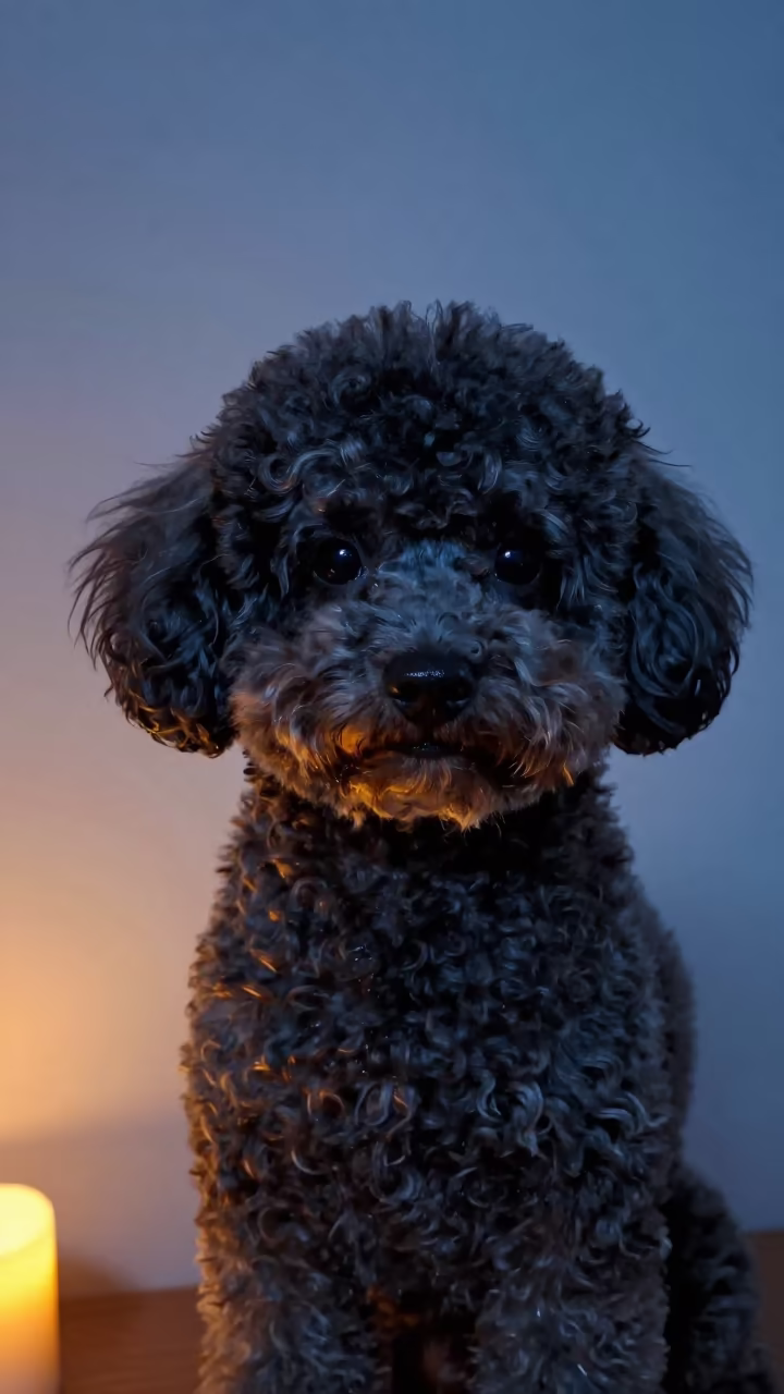Teacup Poodle Portrait in Evening Candlelight in beside a plain plaster wall in soft indoor light with the animal centered in frame in Rangpur