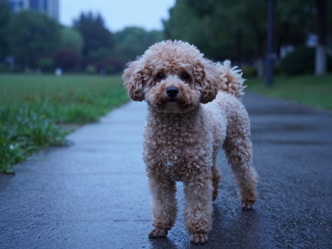 Teacup Poodle Portrait in Evening Park Light in along a quiet park path with soft open shade and a clean background near Hefei