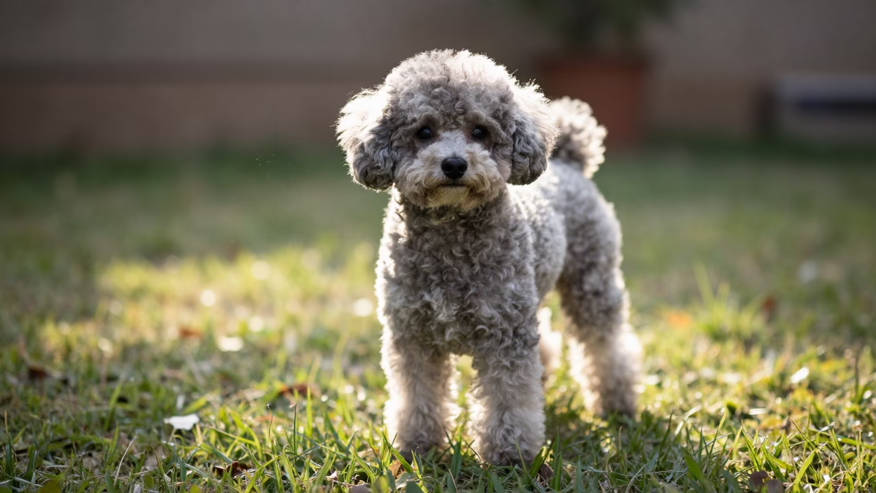 Teacup Poodle Portrait in Gwalior Yard in in a small yard with clipped grass, calm light, and the animal centered in frame near Gwalior