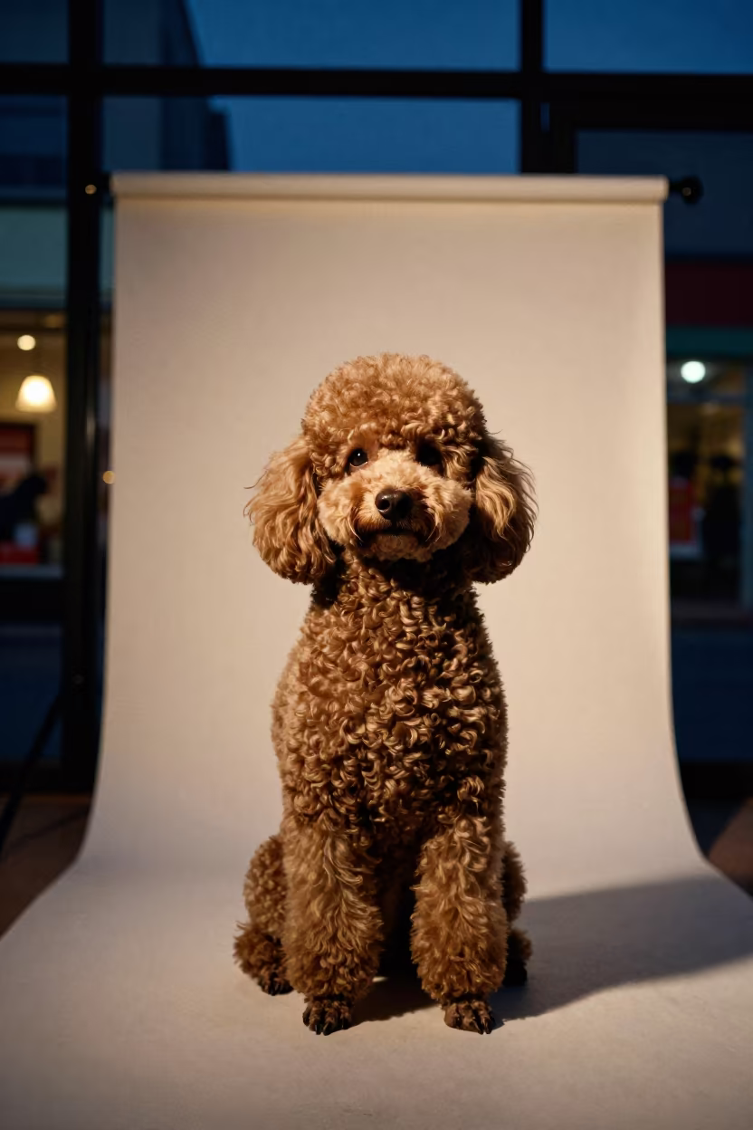 Teacup Poodle Portrait in Haifa Studio Twilight in in a quiet portrait studio with a plain backdrop and eye-level framing near Haifa