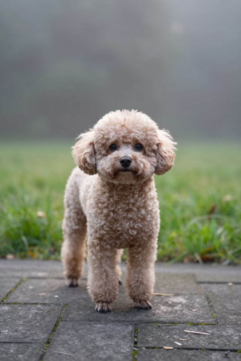 Teacup Poodle Portrait in Hangzhou Morning Yard in in a small yard with clipped grass, calm light, and the animal centered in frame in Hangzhou