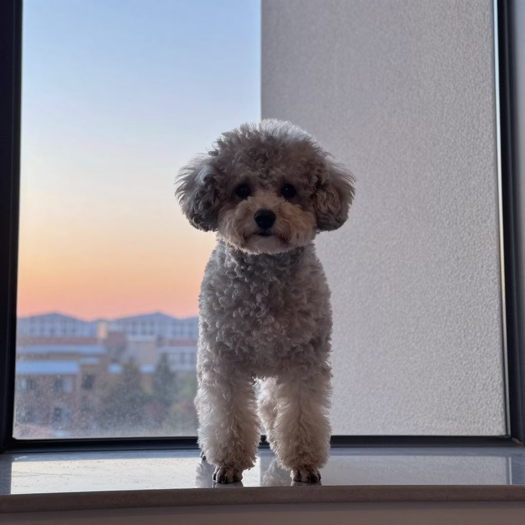 Teacup Poodle Portrait in Hargeisa Indoor Light in beside a plain plaster wall in soft indoor light with the animal centered in frame in Hargeisa